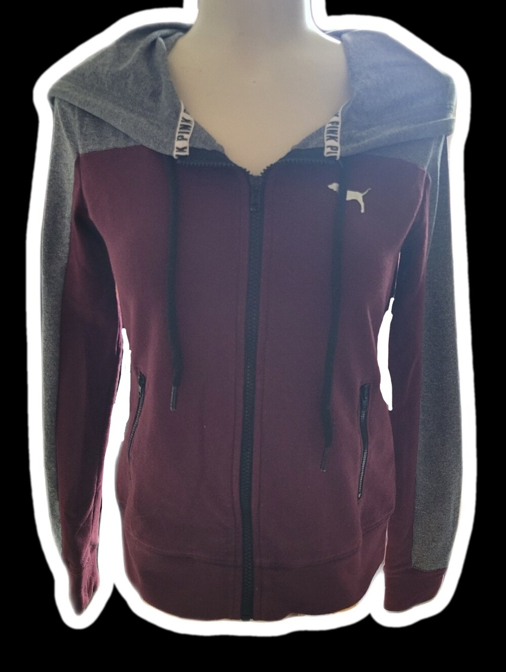 ​victoria secret love pink maroon and grey colorblock zip up hoodie jacket° ༘ 𖦹